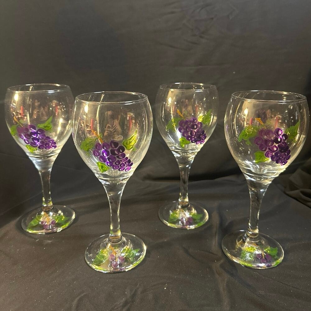 Vintage hand painted enamel grapes on wine glasses & base signed Carla set of 4